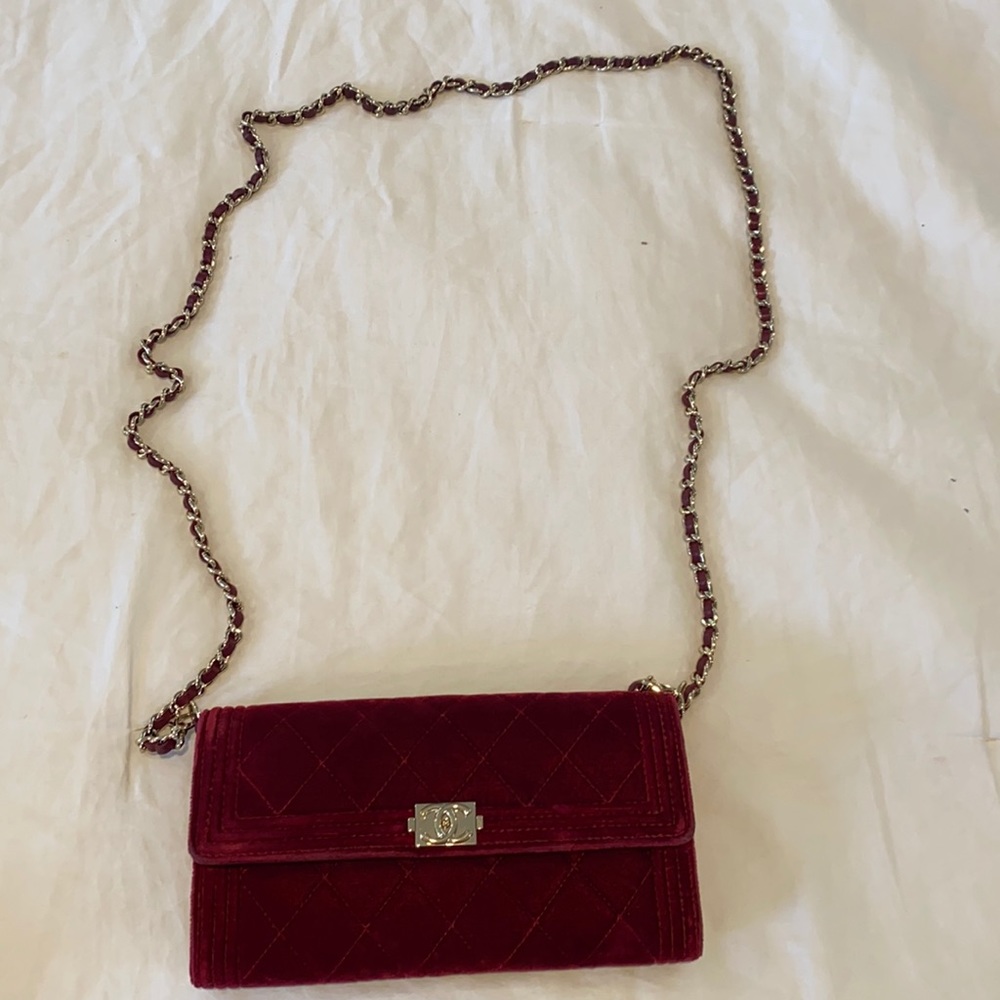CHANEL BOY VELVET WALLET ON A CHAIN WOC BAG